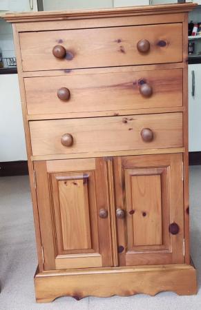 Image 3 of SOLID RUSTIC PINE CHEST OF 3 DRAWERS OVER A CUPBOARD. IDEAL