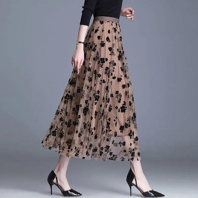 Preview of the first image of Pastel tone light weight Spring Fall Floral Skirt Women Lace.