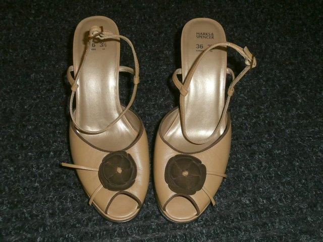 Preview of the first image of NEW TAN LEATHER SLING BACK PEEP TOE SHOES BY M&S (3 1/2).