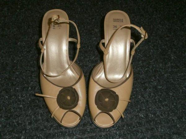 Image 1 of NEW TAN LEATHER SLING BACK PEEP TOE SHOES BY M&S (3 1/2)