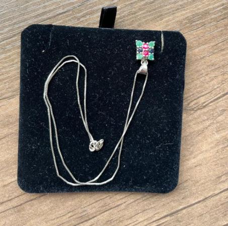 Image 1 of Beautiful silver necklace with blue/red/green glass stones