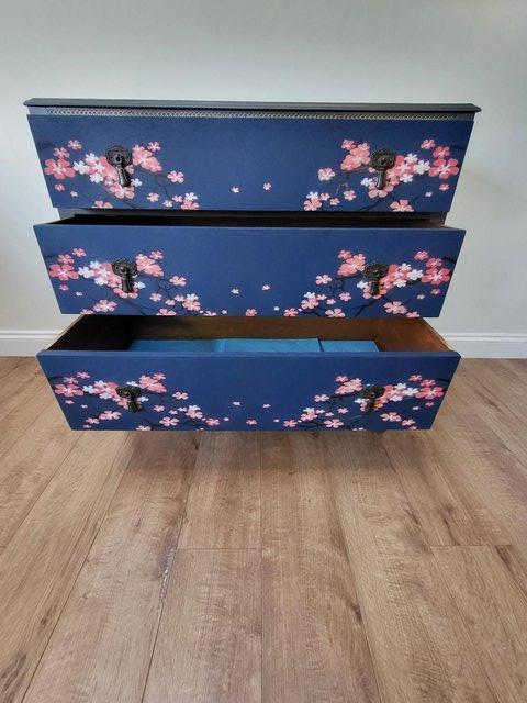 Preview of the first image of HAND PAINTED CHERRY BLOSSOM UPCYCLED PINE DRAWERS.