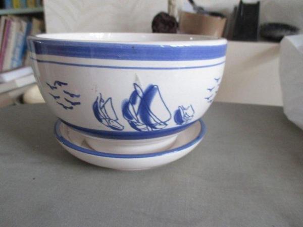 Image 1 of DUTCH LOOKING PLANT BOWL  - BLUE AND WHITE