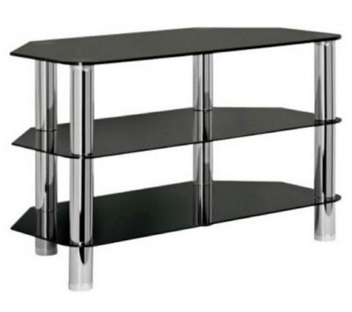 Image 2 of Black glass and chrome corner TV table and 2 corner shelves