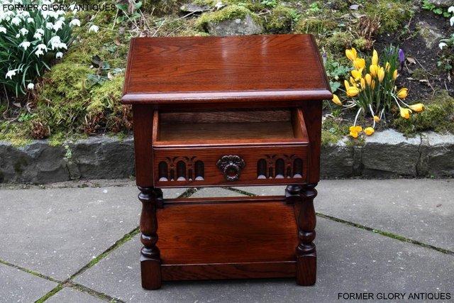 Image 100 of AN OLD CHARM TUDOR BROWN CARVED OAK BEDSIDE PHONE LAMP TABLE