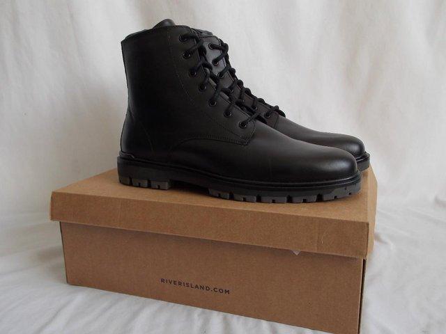 Preview of the first image of Mens River Island Black Leather Ankle Boots SIZE 10 Lace Up.