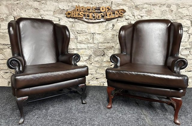 Image 2 of Queen Anne Wingbacked Armchair x2 Brown Leather & footstool