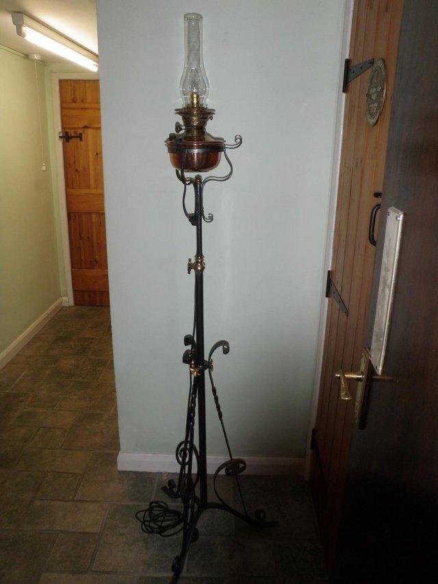 Preview of the first image of Interesting old COPPER & BRASS LAMP in WROUGHT IRON STAND.