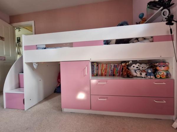 Image 1 of Pink & White single cabin bed with stairs access