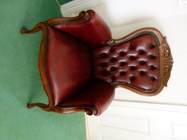 Image 1 of Leather Arm Chair Dark Red Mahagony carve surround