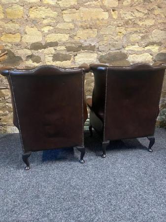 Image 7 of Queen Anne Wingbacked Armchair Brown Leather x 2