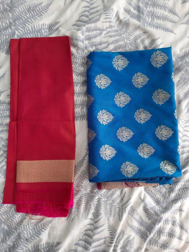 Preview of the first image of Blue and pink with gold embrodiery design banarasi silk sare.