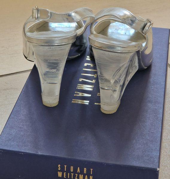 Preview of the first image of Stuart Weitzman Silver mirror slingback shoes Size 4.