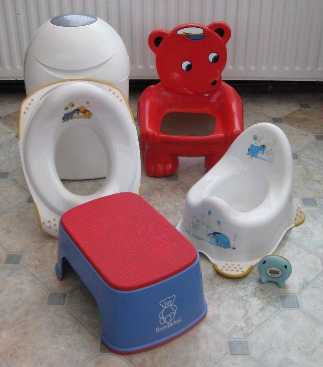 Preview of the first image of Baby Items Toddler Step, Potty, Nappy Bin, Bath Thermometer.