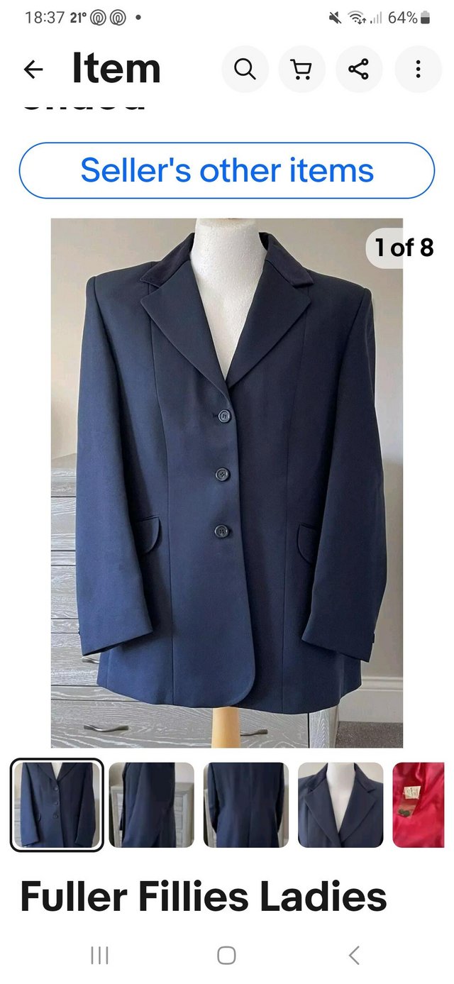 Preview of the first image of Fuller Fillies Navy showing/riding/Dressage Jacket. Size 18.