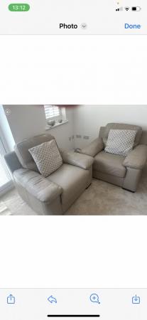 Image 1 of Leather reclining sofa and two matching chairs
