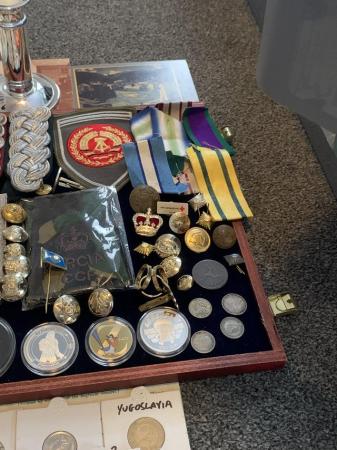 Image 1 of Joblot of Collectable items. Coins, notes, curios, military