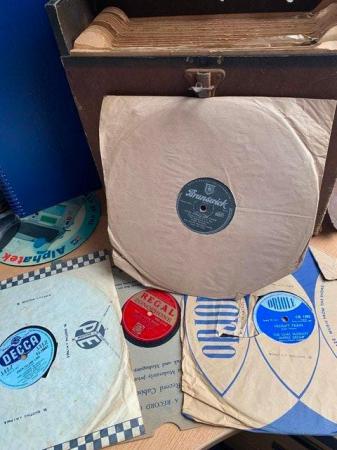 Image 1 of Selection of old 78rpm records in an old Record Box