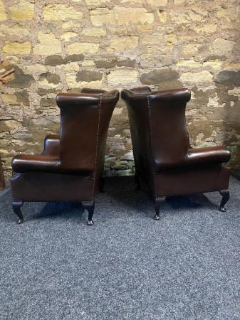 Image 11 of Queen Anne Wingbacked Armchair Brown Leather x 2