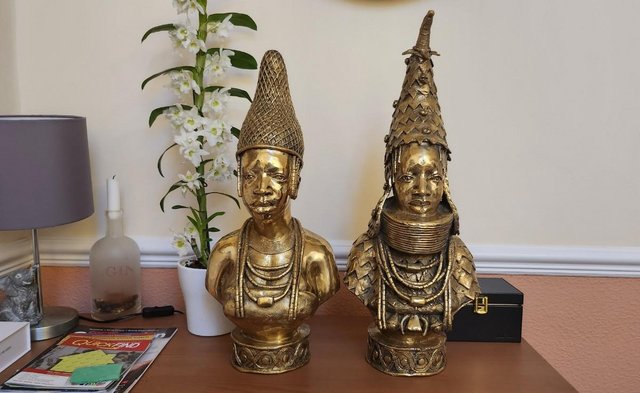 Preview of the first image of Rare Benin Bronze Bust of an Oba of Benin Kingdom and Queen.
