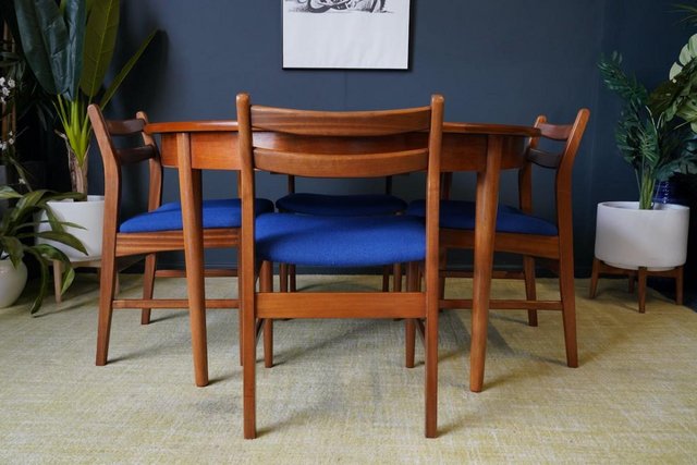 Image 13 of Mid C 1970s Teak Dining Set D-end Table 4 Barback Chairs