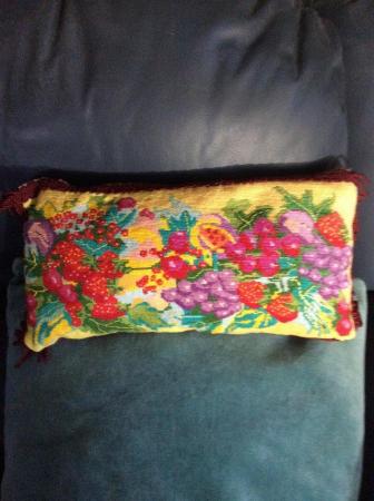Image 2 of Beautiful embroidered cushion with maroon trim
