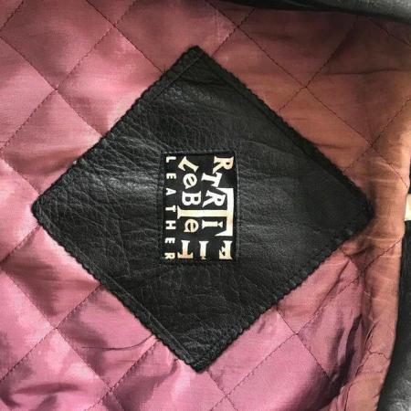 Image 1 of Man's black leather jacket, broken zip. Approx 42" chest.