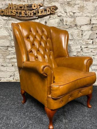 Image 5 of Queen Anne Wingbacked Armchair Tan Leather