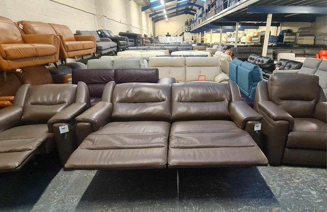 Image 3 of Italian Avola brown leather recliner sofa and 2 armchairs