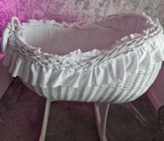 Image 2 of MJ Marks wicker crib with mattress, bedding and accessories
