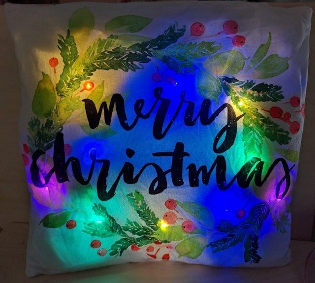 Preview of the first image of Merry Christmas LED Light Decoration White Cushion Cover & C.