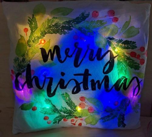 Image 1 of Merry Christmas LED Light Decoration White Cushion Cover & C