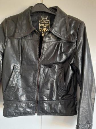 Image 3 of Ladies/Girls black leather bomber jacket.