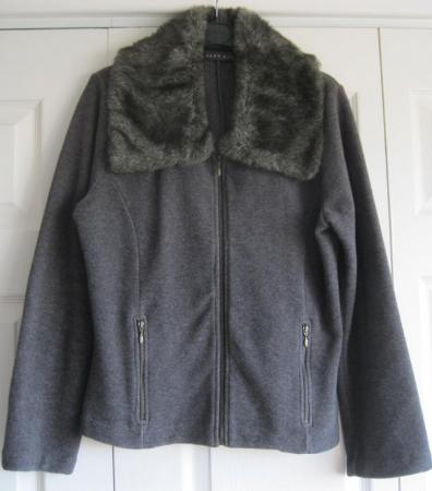 Image 1 of Dark grey fleecy Jacket with fur collar, size 12