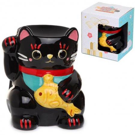 Image 2 of Ceramic Black Maneki Neko Lucky Cat Oil Burner. Free uk Post