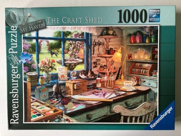 Image 1 of Ravensburger 1000 piece jigsaw titled The Craft Shed.