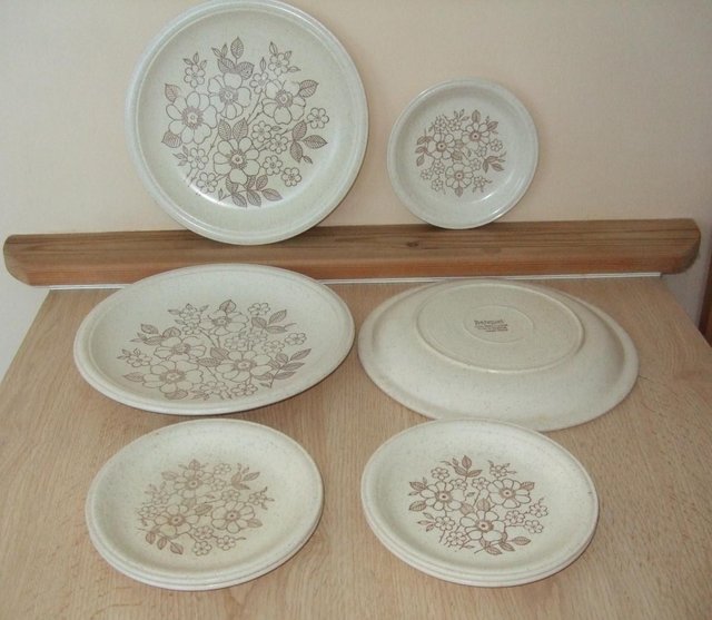 Preview of the first image of Retro Dinner Plates x3, Side Plates x 5.