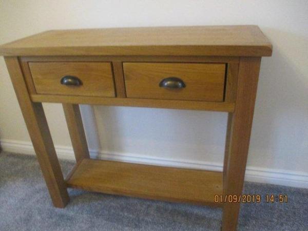 Image 1 of Light Oak Console Table 2 drawer bronze handles