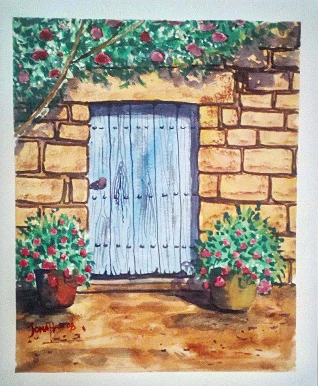 Preview of the first image of THE OLD BLUE DOOR WATER COLOR & ACRYLIC ART PAINTING.