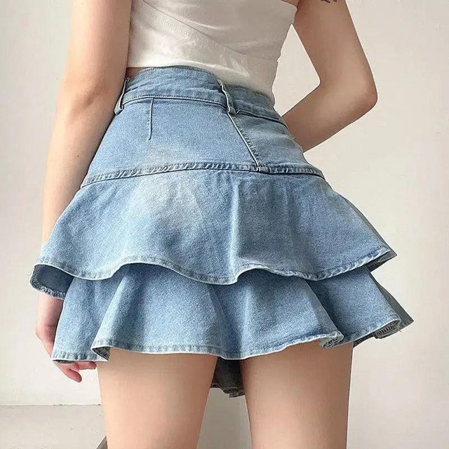 Preview of the first image of Layered Ruffled Denim Mini Skirt.