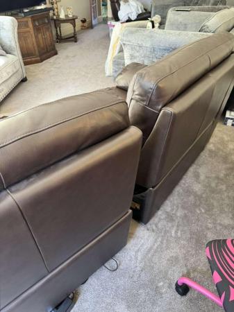 Image 3 of x2 Brown Leather Electric Recliner Sofas