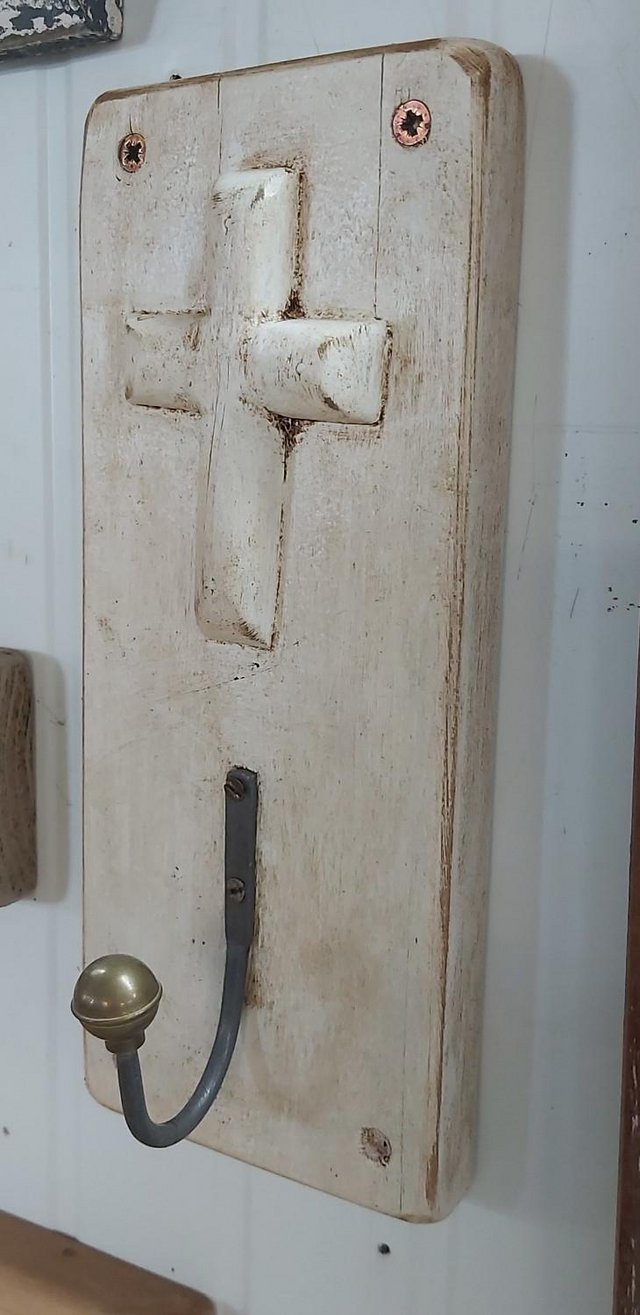 Preview of the first image of £35 reclaimed wooden Chapel pew cross with hook.