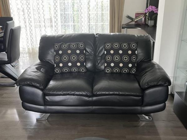 Image 1 of Black leather 3 seater and 2 seater sofa