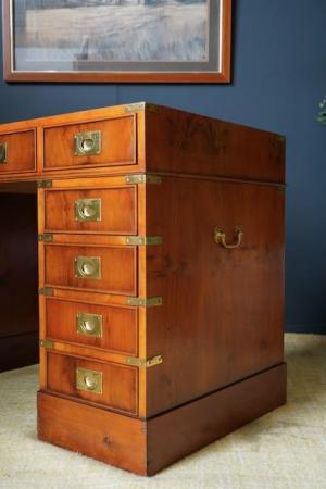 Image 5 of Antique Yew Wood Military Campaign Style Pedestal Desk c1930