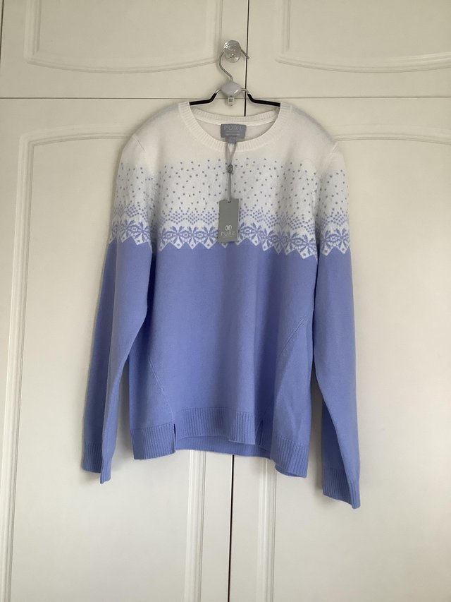 Preview of the first image of PURE Collecton cashmere blue fairisle jumper.