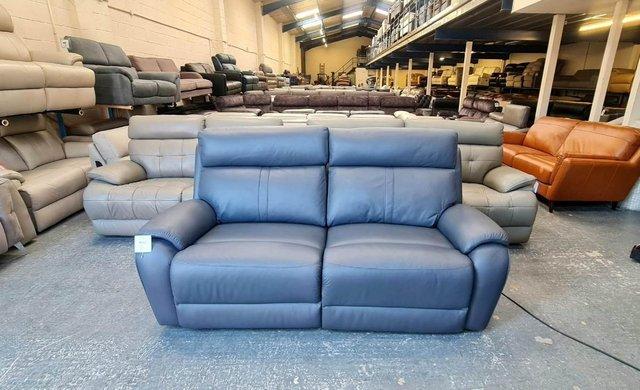 Preview of the first image of La-z-boy Winchester blue leather electric 3 seater sofa.