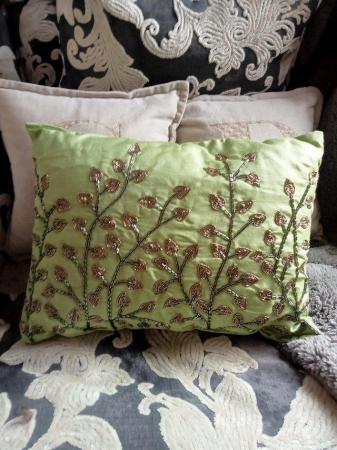 Image 1 of Green Embellished Pure Linen Cushion.
