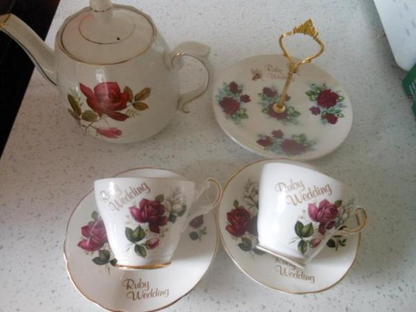 Image 3 of Cups Saucers Cake Plate & Tea Pot Red Roses