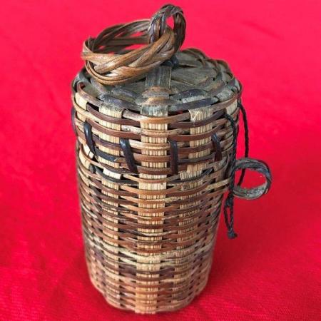 Image 1 of Vintage lidded cylindrical basket + original contents!