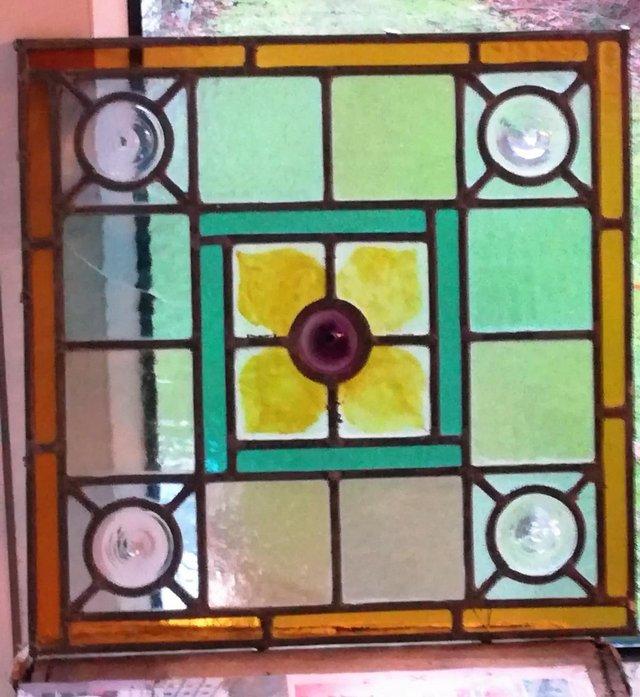 Preview of the first image of ANTIQUE Bullseye Stained Glass Each Square Panel Blue Amber.